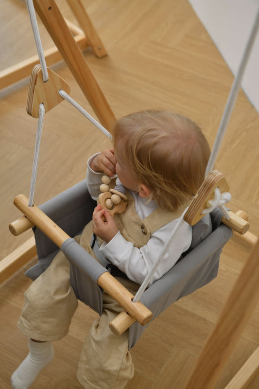 Spruce Gray | Indoor Toddler Swing with Stand, Foldable Wooden Swing