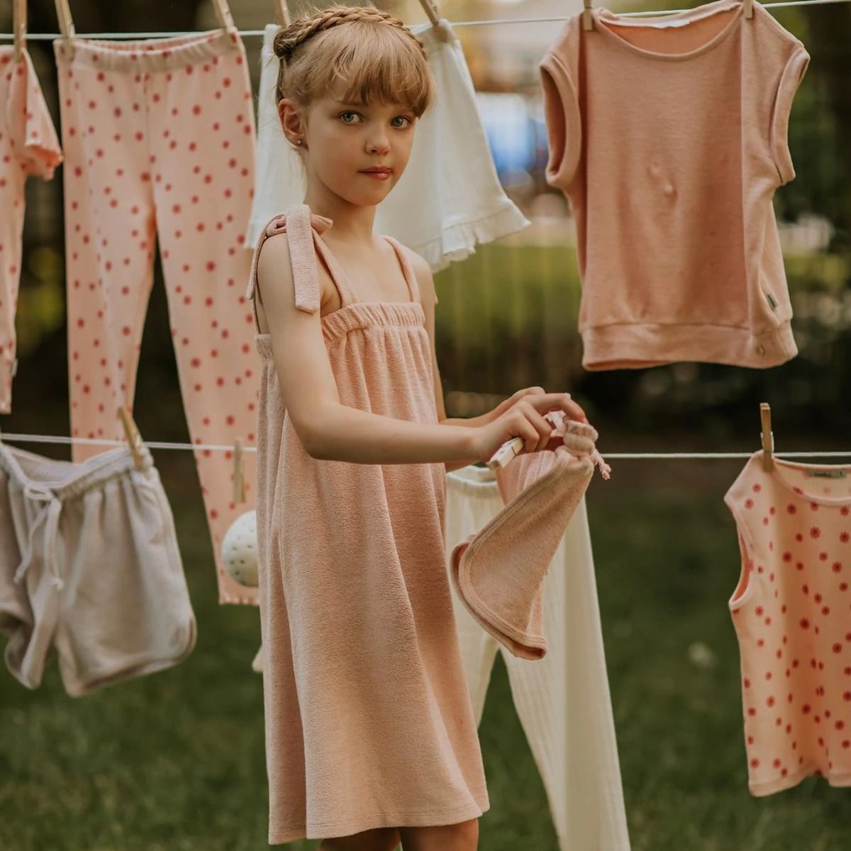 Blush Pink Terry Towel Dress with Girl outdoors