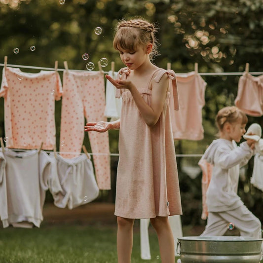 Blush Pink Terry Towel Dress on Girl outside
