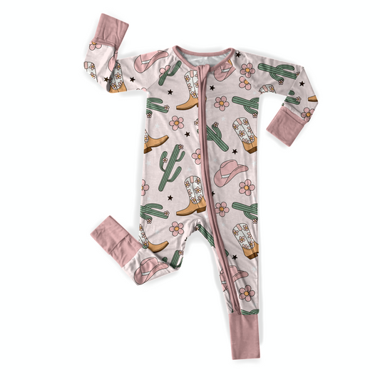 Pink Cowgirl Bamboo Baby Zipper Romper