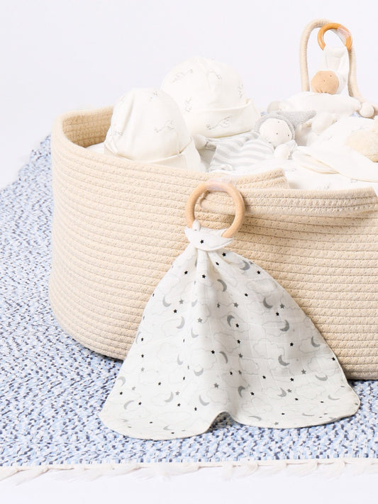 Heart Lovey with Teething Ring, Grey Muslin Starry Night