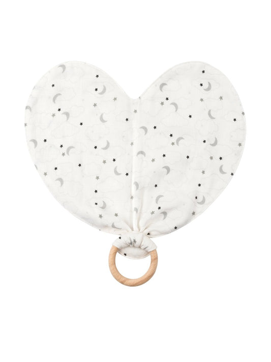 Heart Lovey with Teething Ring, Grey Muslin Starry Night