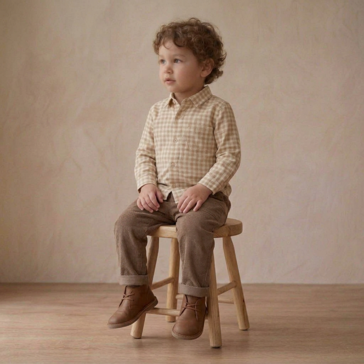 Organic Collared Long Sleeve Shirt - Oat Gingham