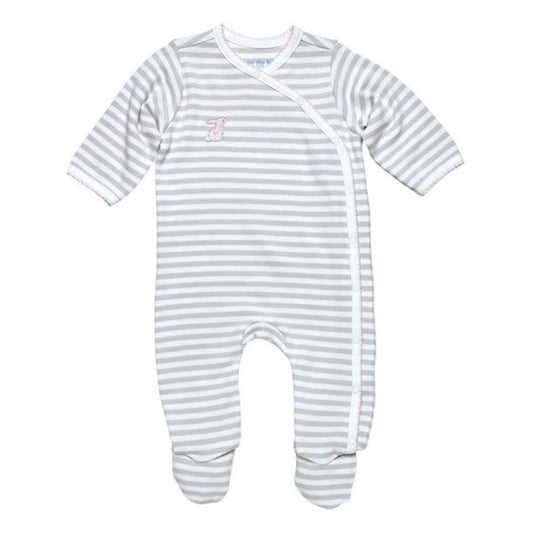 Egyptian Cotton Grey Stripe Side Snap Footie with Pink Bunny