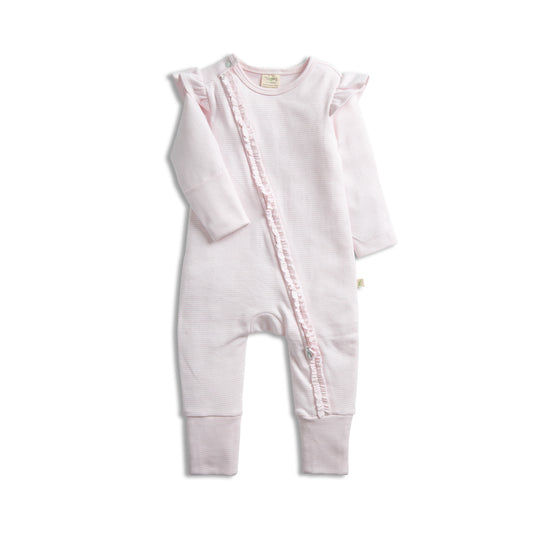 Organic Cotton Pink Stripe Frill Zip-up Baby Romper