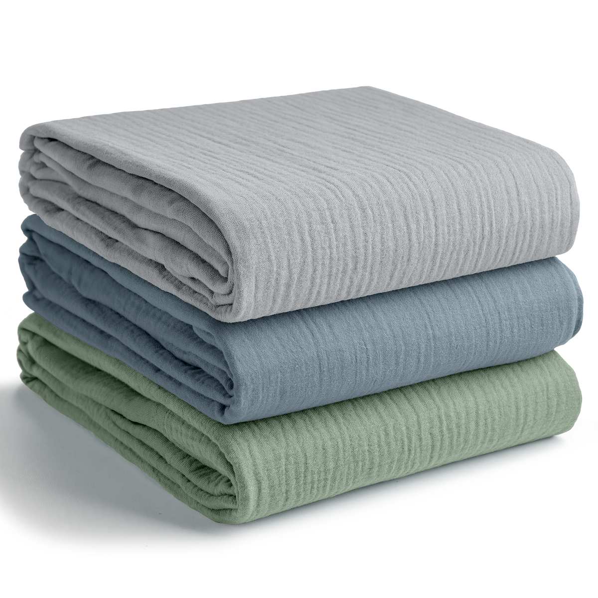 Muslin Swaddle Blankets Pack of 3, 42” x 42” in Heather Blue, Pacific Blue, Fern