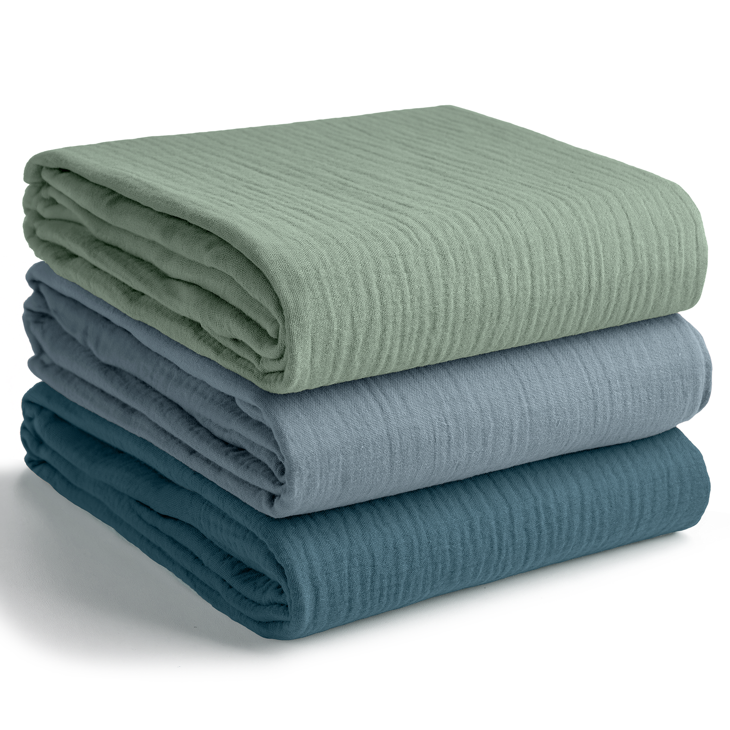 Muslin Swaddle Blankets Pack of 3, 42” x 42” in Neptune, Pacific Blue, Fern