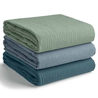 Muslin Swaddle Blankets Pack of 3, 42” x 42” in Neptune, Pacific Blue, Fern