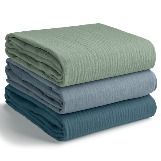 Muslin Swaddle Blankets Pack of 3, 42” x 42” in Neptune, Pacific Blue, Fern