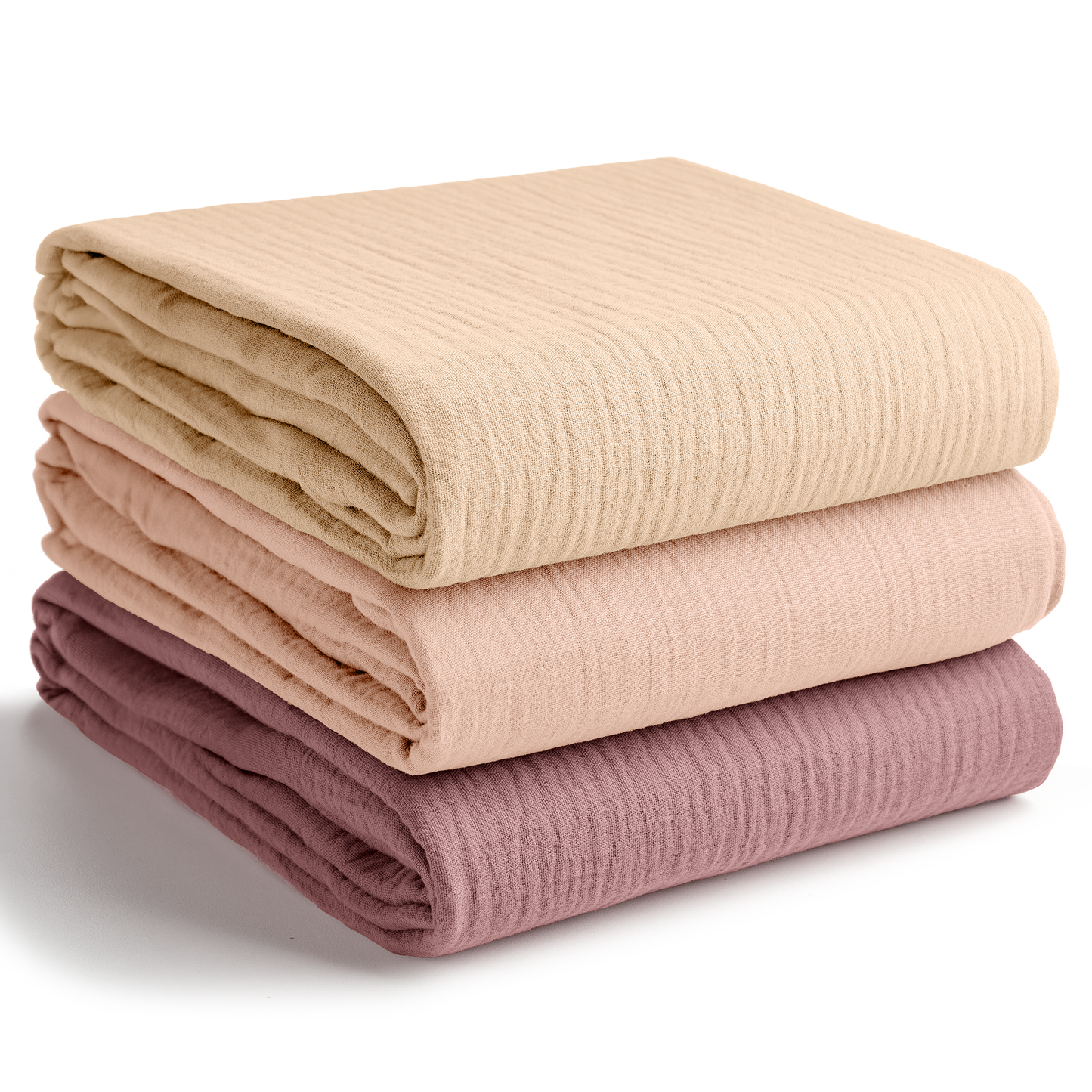 Muslin Swaddle Blankets Pack of 3, 42” x 42” in Cream, Blush, Mauve