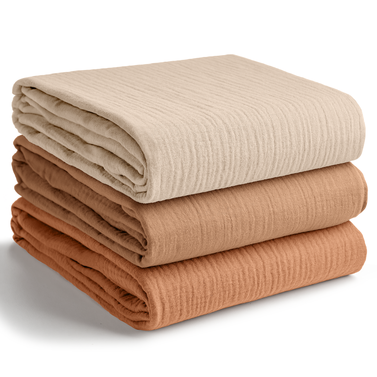 Muslin Swaddle Blankets Pack of 3, 42” x 42” in Sand, Cedar, Caramel