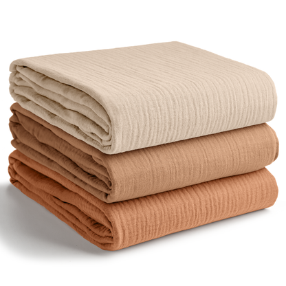 Muslin Swaddle Blankets Pack of 3, 42” x 42” in Sand, Cedar, Caramel