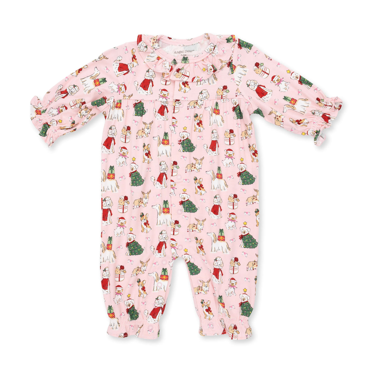 Christmas Dogs Pink - Bamboo - Long Sleeve Ruffle Collar Romper