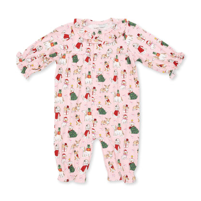 Christmas Dogs Pink - Bamboo - Long Sleeve Ruffle Collar Romper