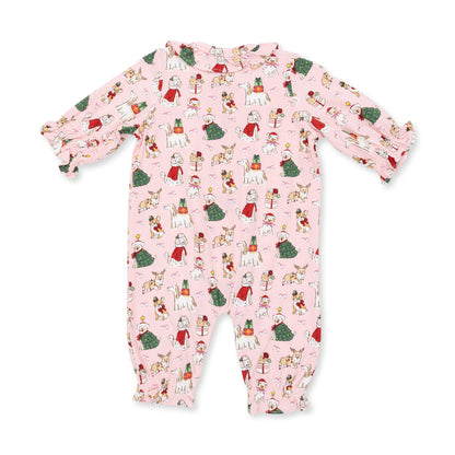 Christmas Dogs Pink - Bamboo - Long Sleeve Ruffle Collar Romper
