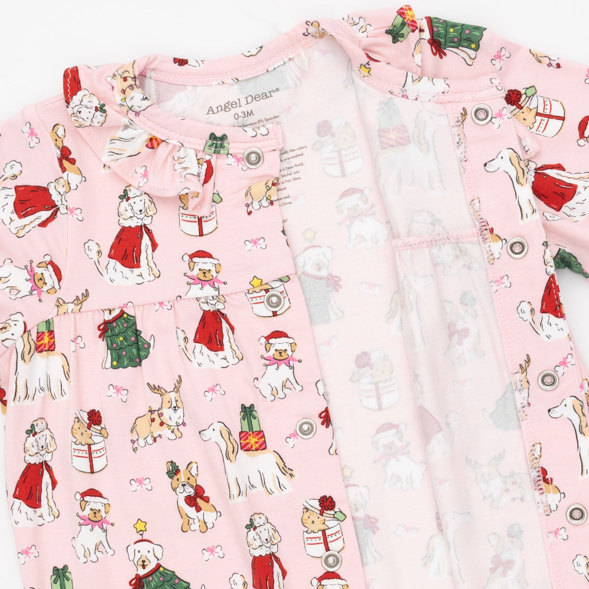 Christmas Dogs Pink - Bamboo - Long Sleeve Ruffle Collar Romper