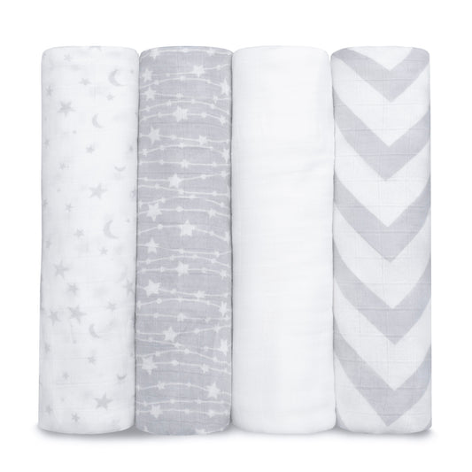 Muslin Swaddle Blankets 47” x 47” in Grey, 4 Pack