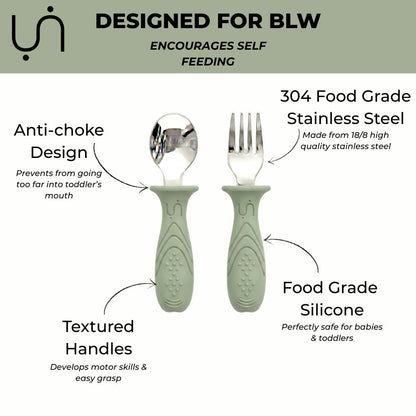 Stainless Steel Self Feeding Utensil Set of 4 (Butter Yellow & Baby Blue)