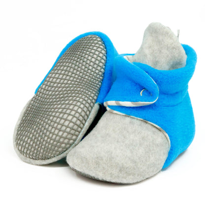 Anti-Slip Sole, Fleece Baby Booties, Newborn Home Booties, Sweat Proof Organic Cotton Lining, Gray Blue