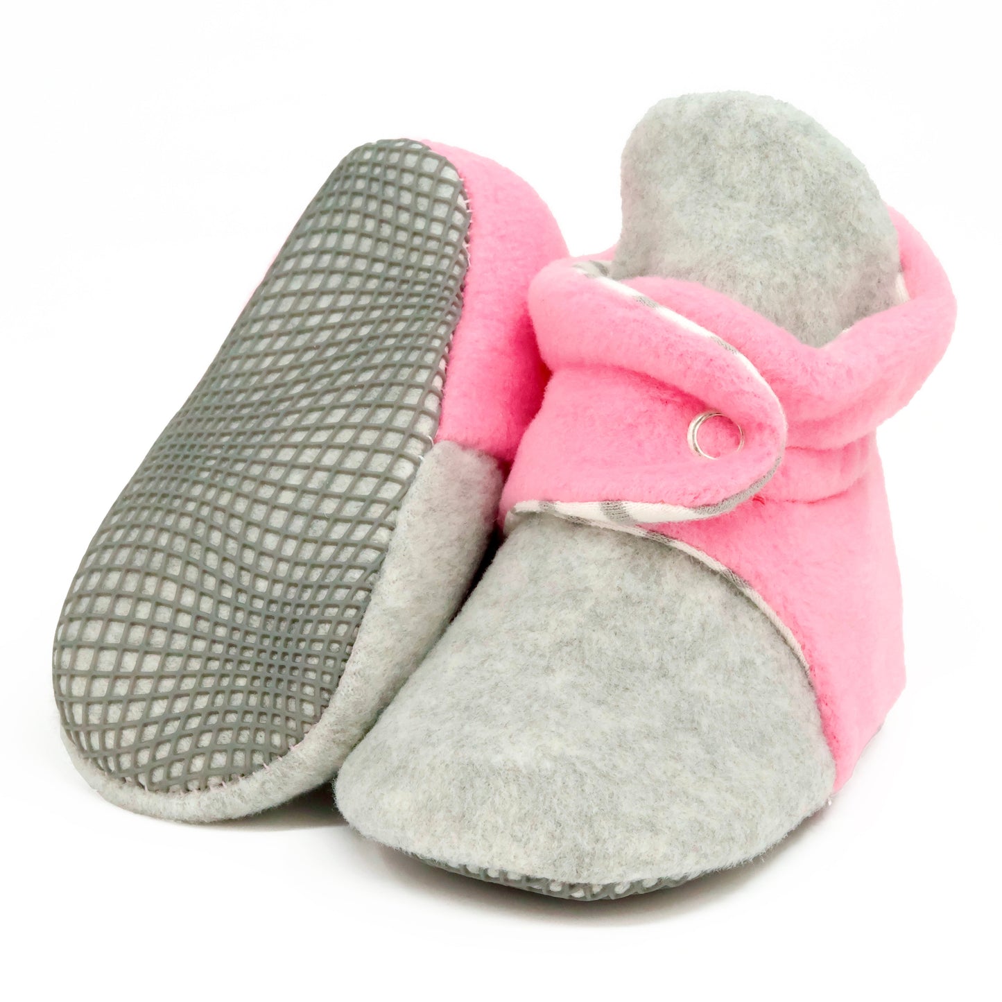Anti-Slip Sole, Fleece Baby Booties, Newborn Home Booties, Sweat Proof Organic Cotton Lining, Gray Pink