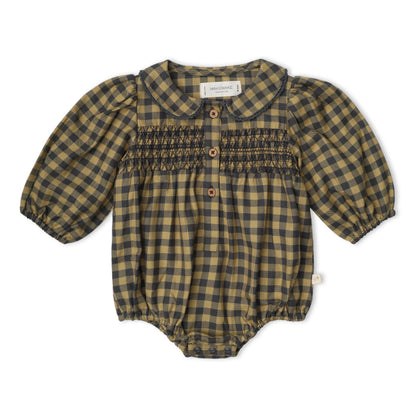 Organic Smocked Long Sleeve Bubble Romper - Olive Gingham