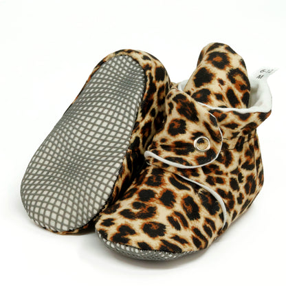 Organic Cotton Baby Booties, Non-Slip Sole, Cotton Newborn Booties Home Nursery Shoes, Leopard
