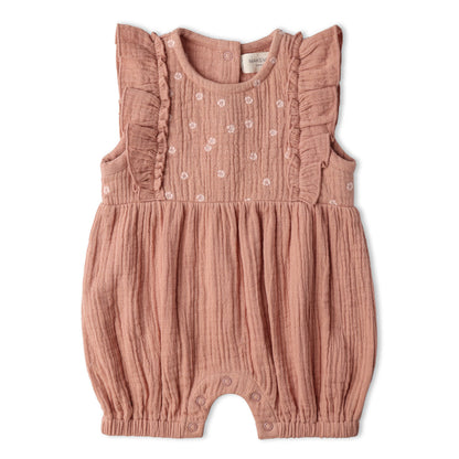 Organic Embroidered Ruffle Romper - Clay