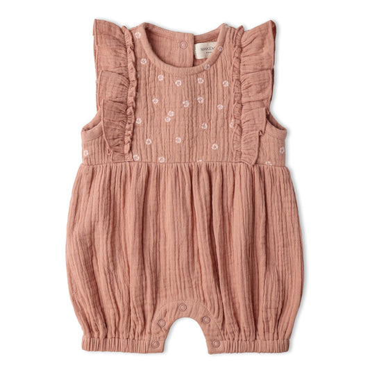 Organic Embroidered Ruffle Romper - Clay