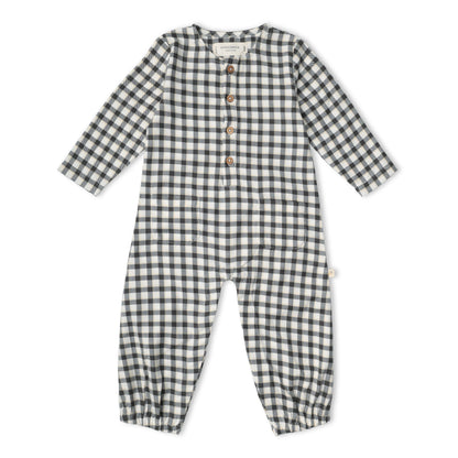 Organic Long Sleeve Button Romper - Charcoal Plaid