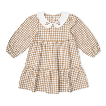 Organic Collar Tiered Dress - Oat Gingham