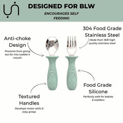 Stainless Steel Self Feeding Utensil Set of 4 (Butter Yellow & Baby Blue)