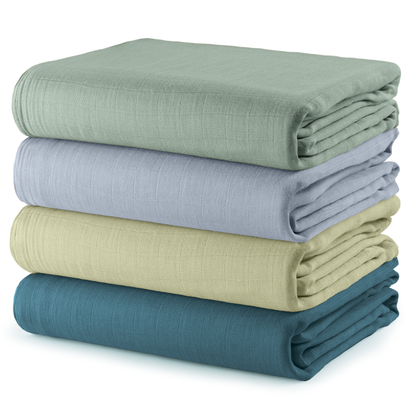 Muslin Swaddle Blankets 47” x 47” in Sage, Pacific Blue, Fern, Neptune, 4 Pack