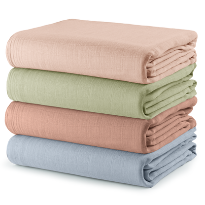 Muslin Swaddle Blankets 47” x 47” in Pacific Blue, Cedar, Sage, Blush, 4 Pack