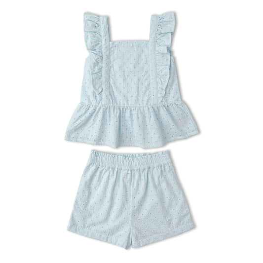 Organic Eyelet Flutter Top And Shorts Set - Light Blue Eyelet