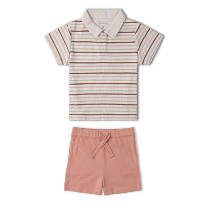 Organic Collar Tee & Shorts Set - Terra Stripes