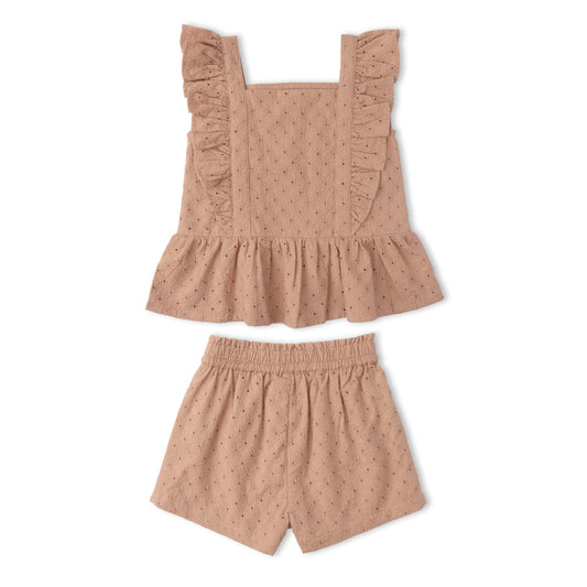 Organic Eyelet Flutter Top And Shorts Set - Clay Eyelet