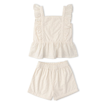 Organic Eyelet Flutter Top And Shorts Set - Ivory Eyelet