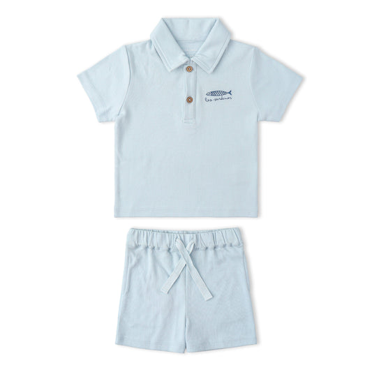 Organic Polo Shirt & Shorts Set - Light Blue