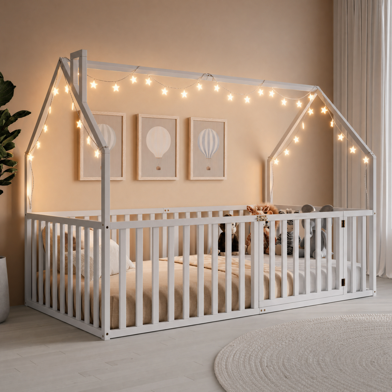 Kids House Gated Floor Bed Twin Size for Children Aged 5+, White