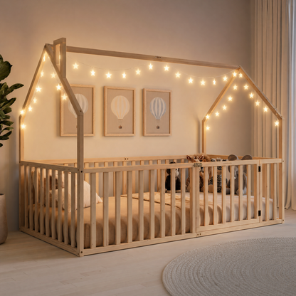 Kids House Gated Floor Bed Twin Size for Children Aged 5+, Natural Wood