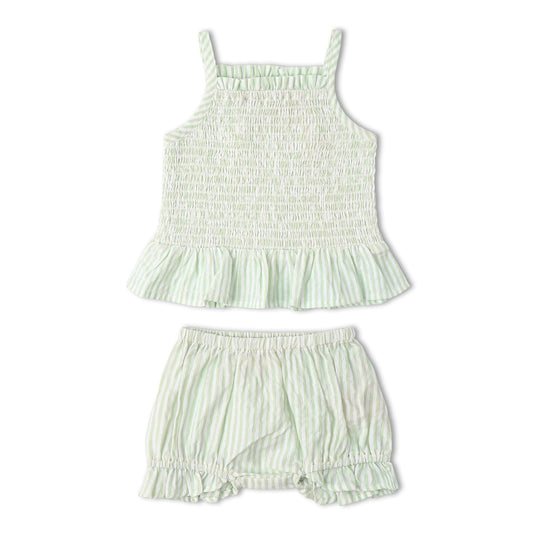Organic Smocked Top And Bloomer Set - Basil Stripes