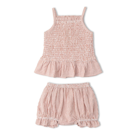 Organic Smocked Top And Bloomer Set - Coral Stripes