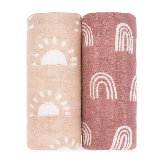 Muslin Swaddle Blanket, 47” x 47” in Sun & Rainbow, 2 Pack