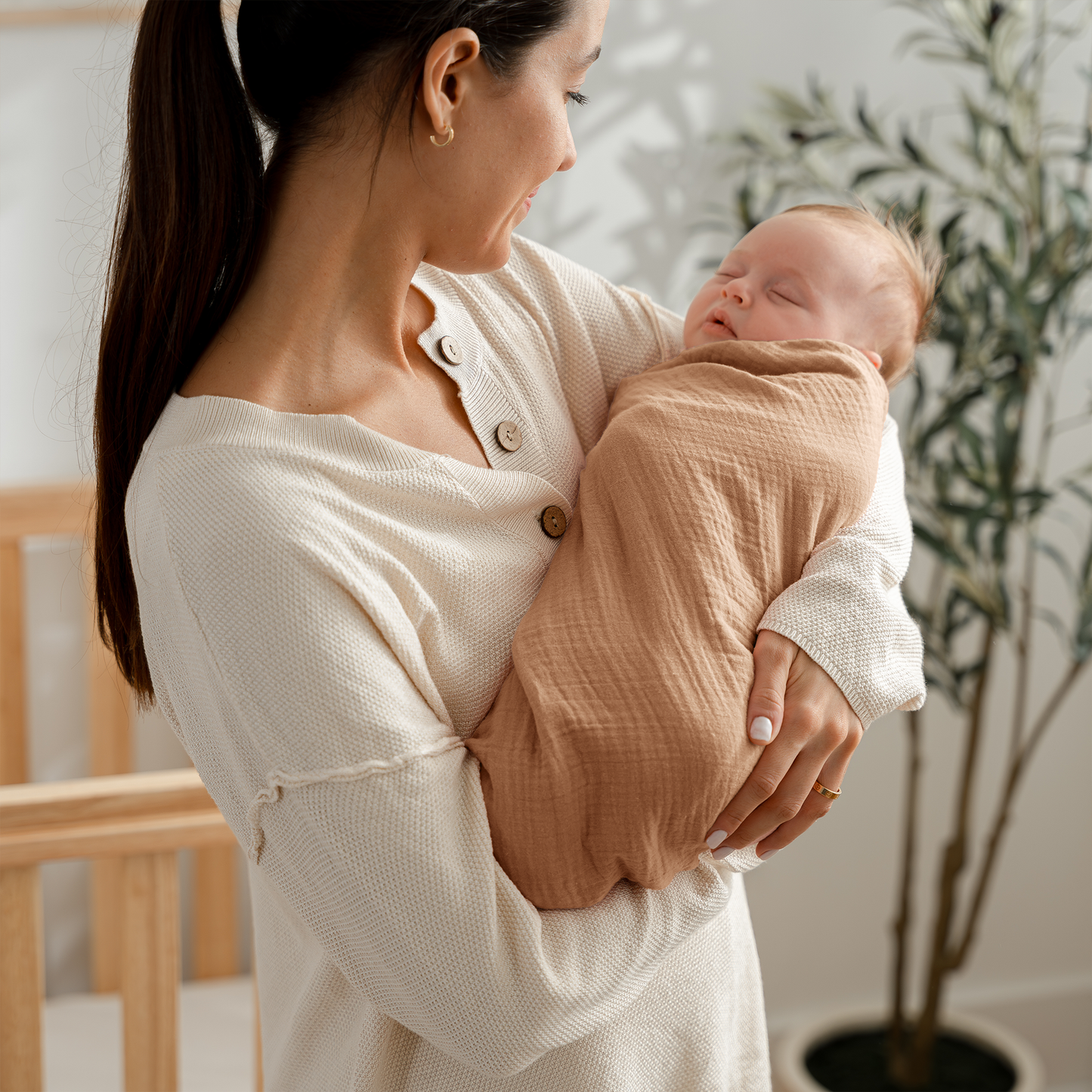 Muslin Swaddle Blankets Pack of 3, 42” x 42” in Sand, Cedar, Caramel