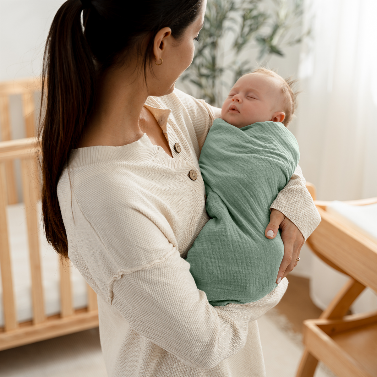 Muslin Swaddle Blankets Pack of 3, 42” x 42” in Heather Blue, Pacific Blue, Fern