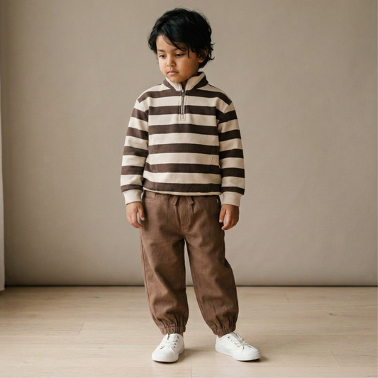 Organic Fleece Half Zip Sweatshirt - Mocha Stripe