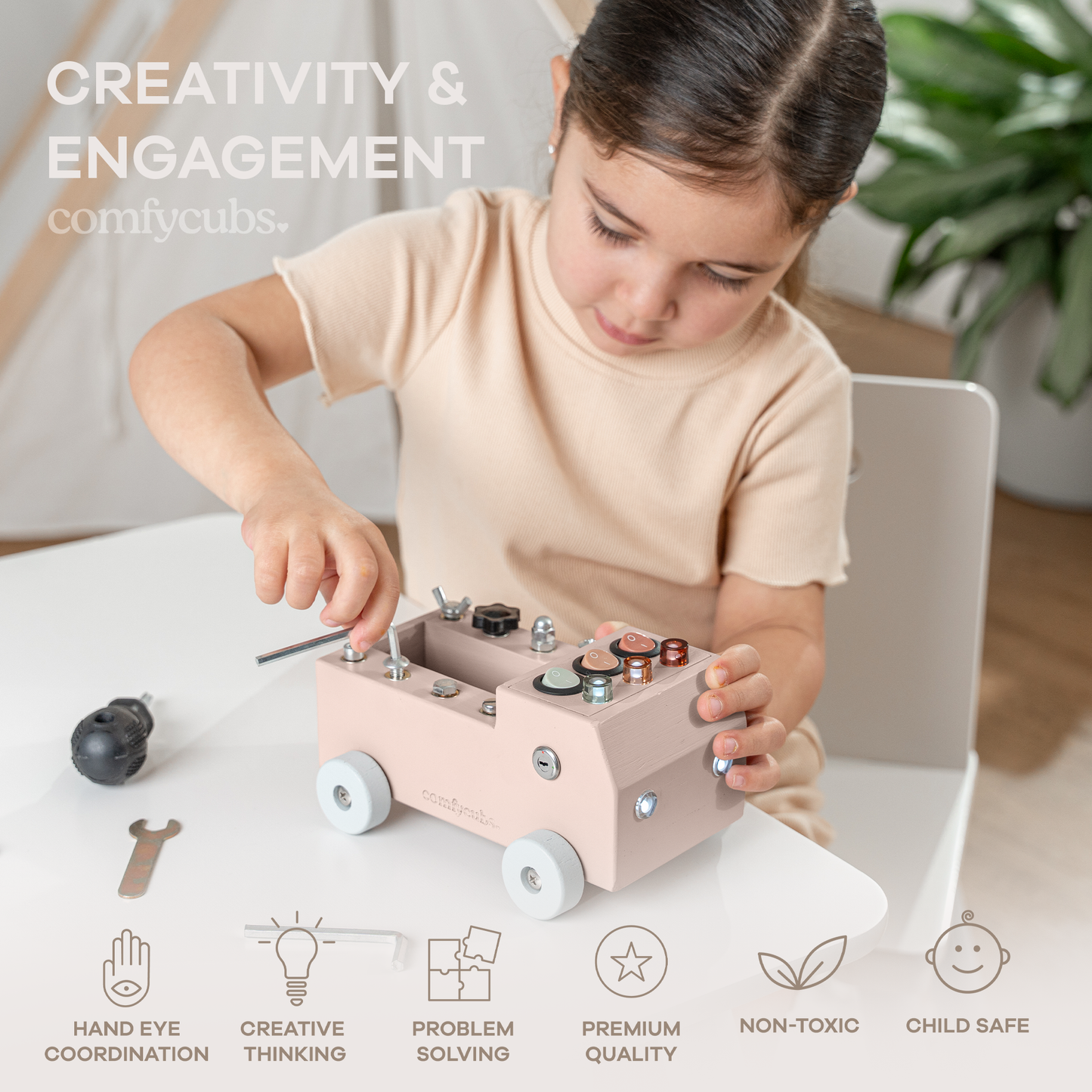 Busy Board Toy Truck Set for 3+ in Blush
