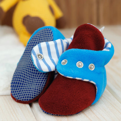 Anti-Slip Sole, Fleece Baby Booties, Newborn Home Booties, Sweat Proof Organic Cotton Lining, Burgundy Blue
