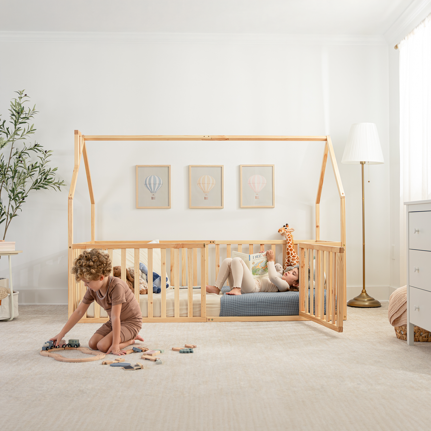 Kids House Gated Floor Bed Twin Size for Children Aged 5+, Natural Wood