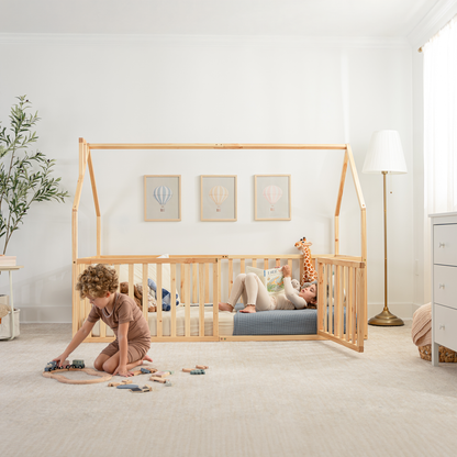 Kids House Gated Floor Bed Twin Size for Children Aged 5+, Natural Wood